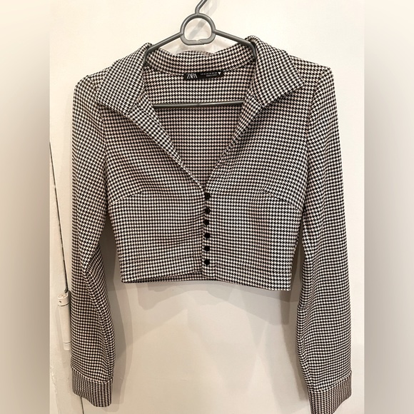 *LIKE NEW* Zara XS HOUNDSTOOTH POLO SHIRT- Cropped Blazer - Picture 1 of 5
